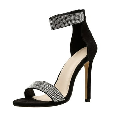 Mepaouo Heeled Sandals for Women Square Open Toe Strappy High Heels Rhinestone Dress Stiletto(Black,9)