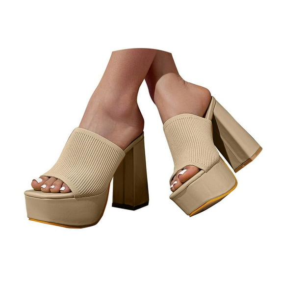 Mepaouo High Heels for Women Block Platform Slide Sandals Square Open Toe Knit Dressy Pumps