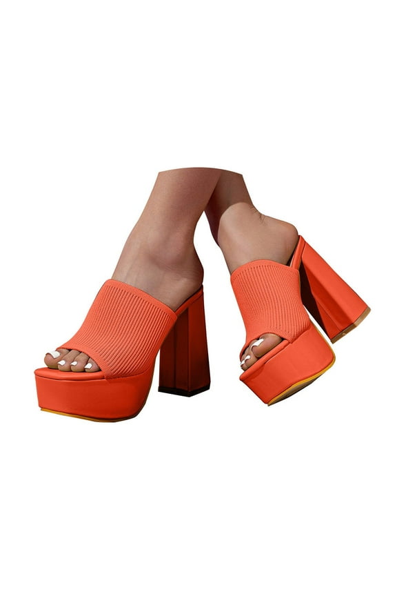 High Heels for Women Block Platform Slide Sandals Square Open Toe Knit Dressy Pumps