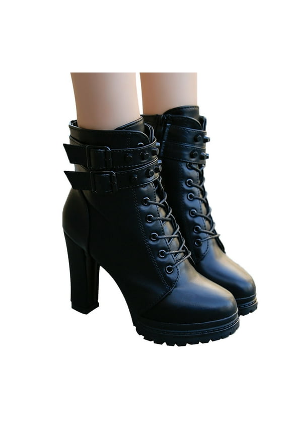 High Heels for Women Lace up Combat Ankle Boots Side Zipper Punk Goth Heeled Booties Shoes
