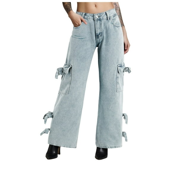 Mepaouo High Waist Stretch Cargo Pants Women Baggy Relaxed Fit Straight Wide Leg Y2K Jeans(Blue,XL)