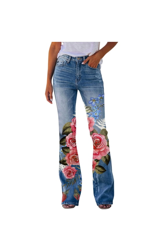 High Waisted Bell Bottom Jeans for Women Floral Embroidery Wide Leg Flare Jeans(Pink,S)