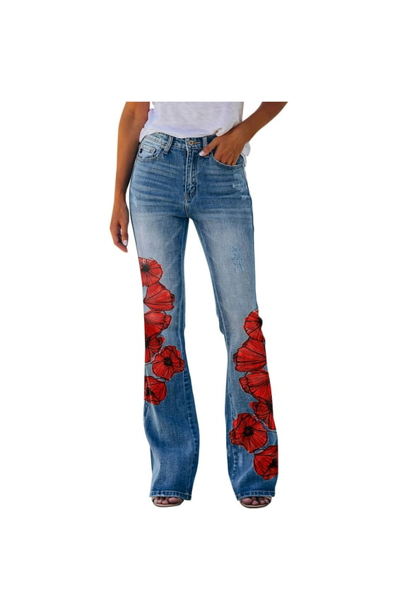 High Waisted Bell Bottom Jeans for Women Floral Embroidery Wide Leg Flare Jeans(Red,L)