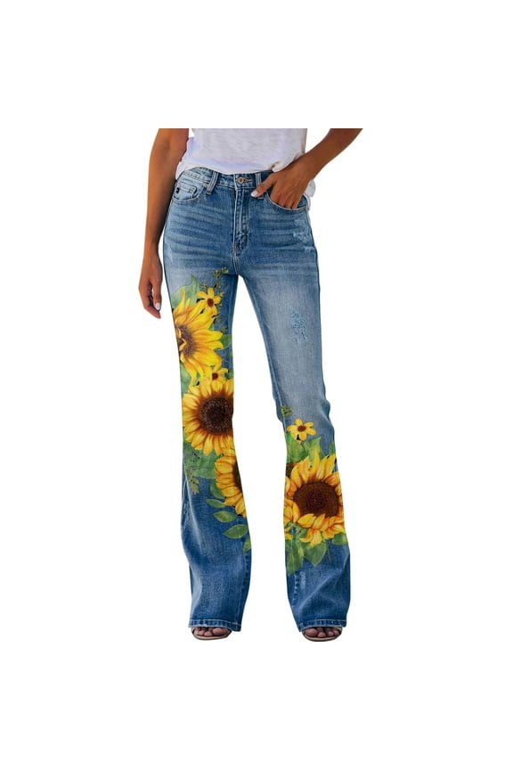 High Waisted Bell Bottom Jeans for Women Floral Embroidery Wide Leg Flare Jeans(Yellow,2XL)