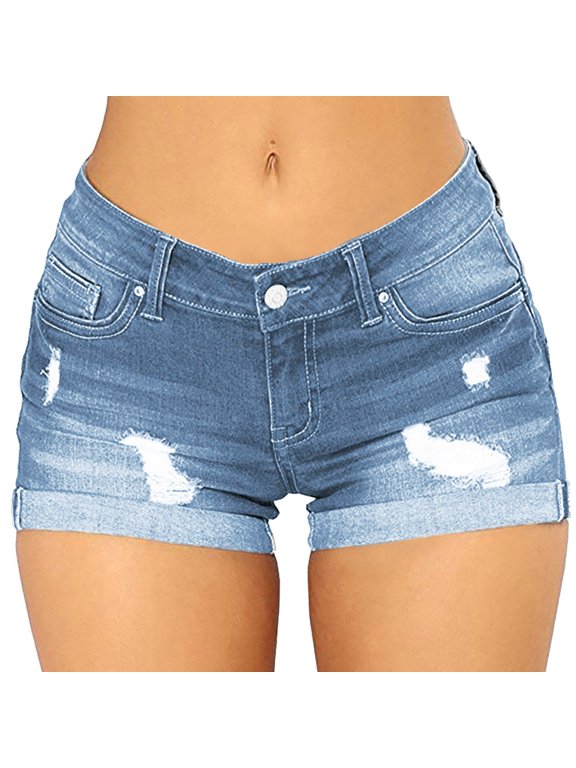 Jean Shorts Womens Stretchy High Waisted Ripped Cut off Denim Shorts with Pockets Sizes S-XXL