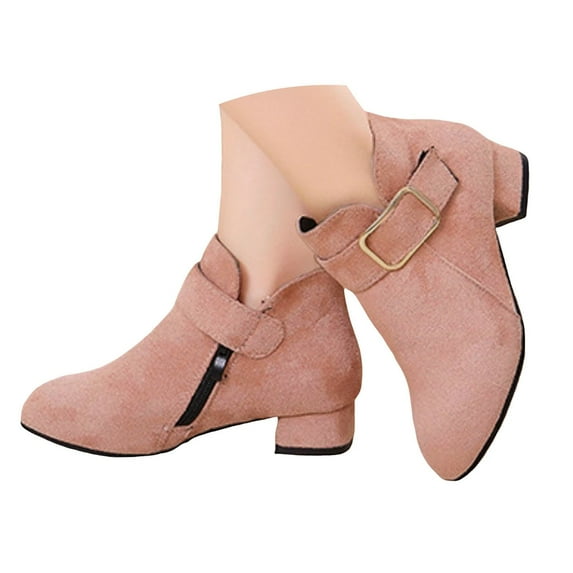 Mepaouo Kids Ankle Boots Boys Girls Buckle Suede Low Heel Dress Shoes Cowgirl Short Booties(Pink,36)