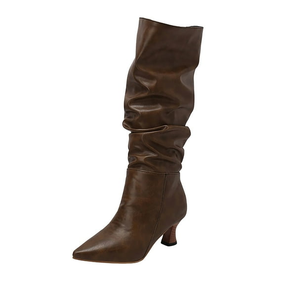 Mepaouo Knee High Boots for Women Block Heel Pointed Toe Slouchy Wide Calf Sexy Winter Boots(Brown,6)