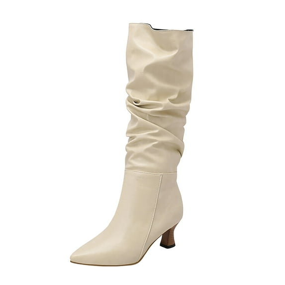 Mepaouo Knee High Boots for Women Block Heel Pointed Toe Slouchy Wide Calf Sexy Winter Boots(White,10.5)