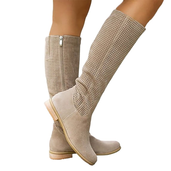 Mepaouo Knee High Boots for Women Breathable Low Heel Pull on Zipper Fall Long Tall Boots