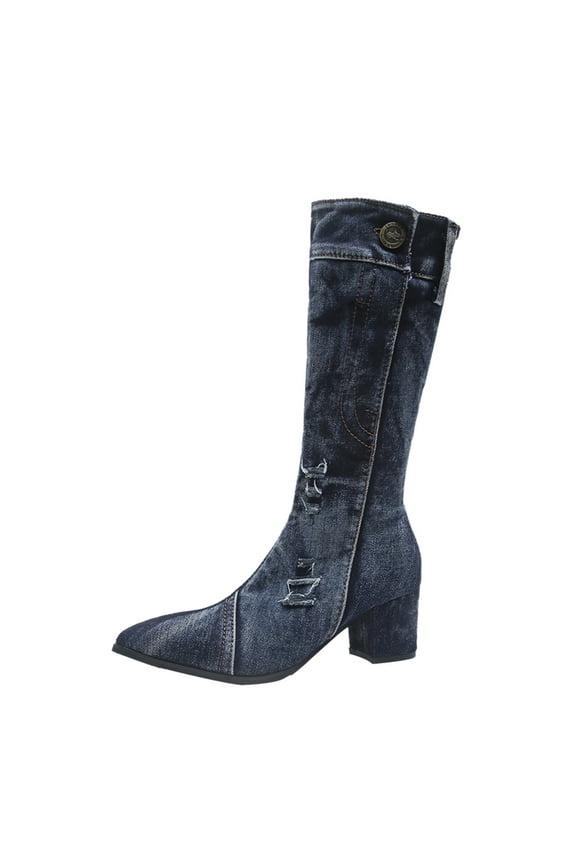 Knee High Boots for Women Denim Western Cowboy Boots Heel Slouchy Tall Boots