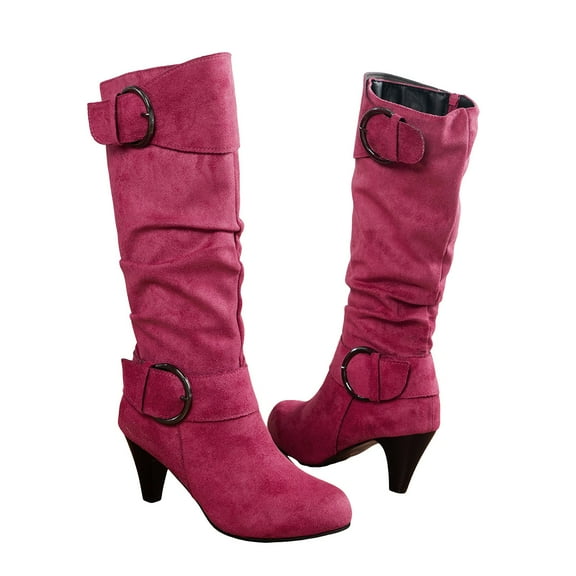 Mepaouo Knee High Boots for Women Red Buckles Round Toe Side Zipper Heeled Fall Long Tall Boots
