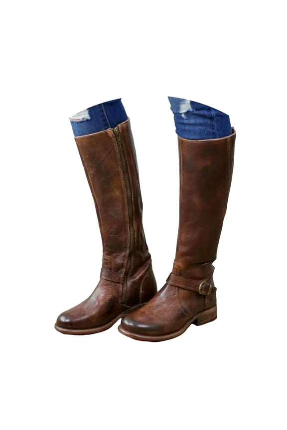 Mepaouo Knee-High Boots for Women Round Toe Leather Tall Long Boots Heel Walking Boots