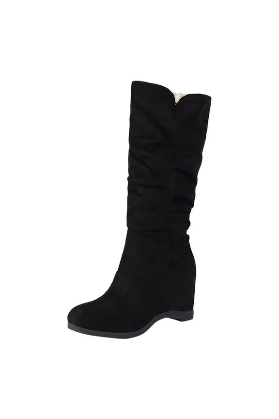Knee High Boots for Women Slouchy Suede Hidden Wedges Wide Mid Calf Winter Long Boots(Black,7)