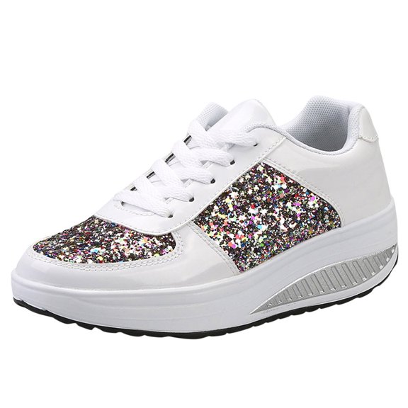 Mepaouo Ladies Girls Casual Shoes Spakle Glitter Personalized Running Shoes Anti Slip Wedge Heel Sneakers