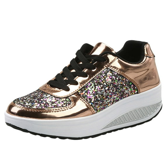 Mepaouo Ladies Girls Casual Shoes Spakle Glitter Personalized Running Shoes Anti Slip Wedge Heel Sneakers