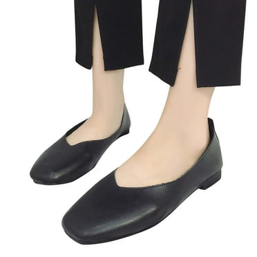 Mepaouo Leather Flats for Women Square Toe Slip on Ballets Flats Soft Work Classical Walking Shoes