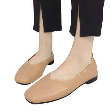 Mepaouo Leather Flats for Women Square Toe Slip on Ballets Flats Soft Work Classical Walking Shoes