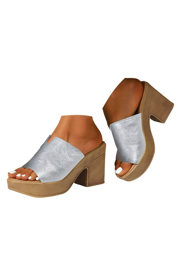 Leather Heeled Sandals Chunky Block Platform Dress Pumps Shoes Open Toe Summer Casual Slides