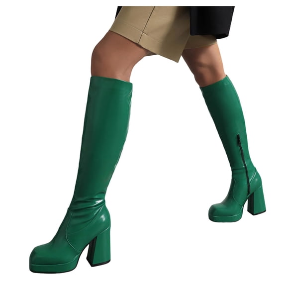 Mepaouo Leather Knee High Boots Square Toe Block Heeled Zipper Platform Tall Boots(Green,6.5)