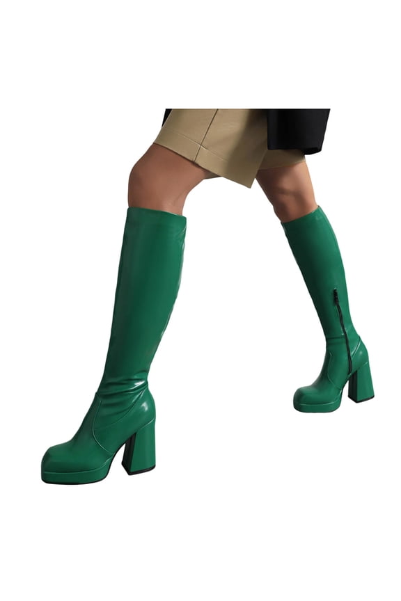 Leather Knee High Boots Square Toe Block Heeled Zipper Platform Tall Boots(Green,9.5)