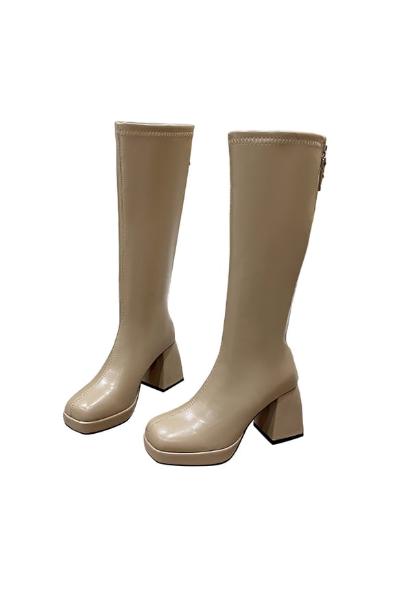 Leather Knee High Boots for Women Platform Block Heeled Square Toe Dress Boots(Khaki,6)