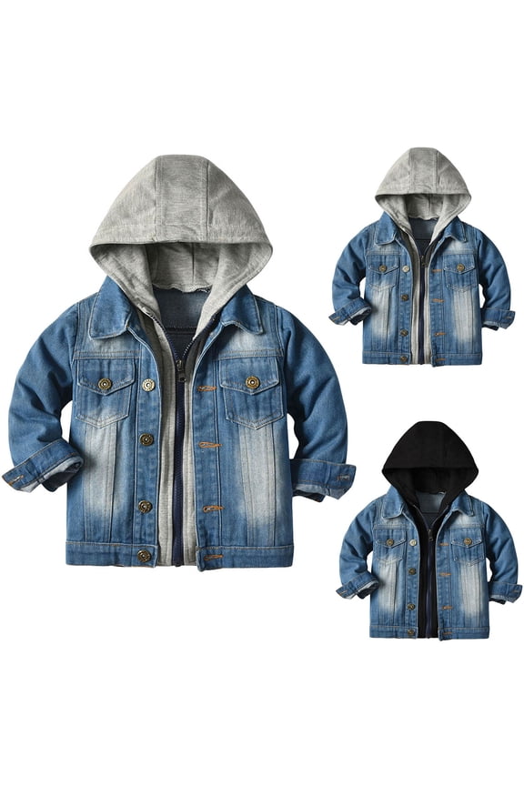 Little Boys Girls Cardigan Kids Hooded Denim Jacket Lapel Zipper Jeans Top Casual Outerwear