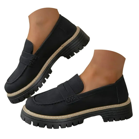 Mepaouo Loafers for Women Platform Moccasin Oxfords Chunky Mid Heel Comfort Slip On Shoes(Black,6)