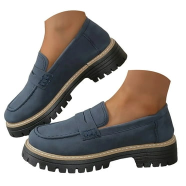 Mepaouo Loafers for Women Platform Moccasin Oxfords Chunky Mid Heel Comfort Slip On Shoes(Blue,8)