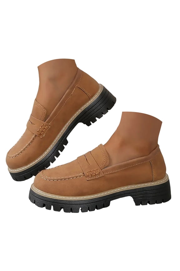 Loafers for Women Platform Moccasin Oxfords Chunky Mid Heel Comfort Slip On Shoes(Brown,8)