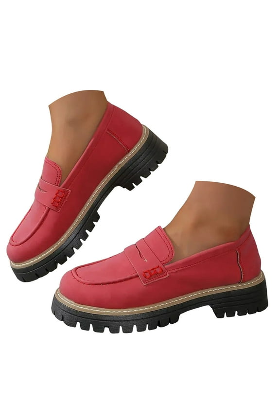Loafers for Women Platform Moccasin Oxfords Chunky Mid Heel Comfort Slip On Shoes(Red,8.5)