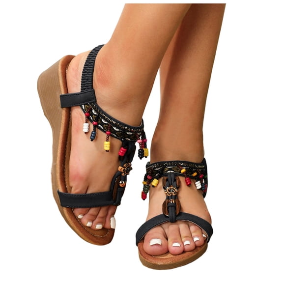 Mepaouo Low Wedge Sandals for Women Bohemia Summer Beach Shoes Elastic Ankle Strap Platform Sandals