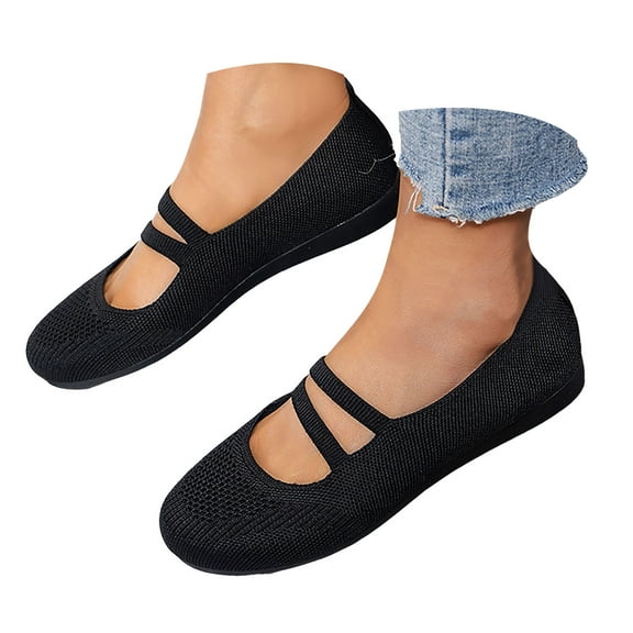 Mepaouo Mary Jane Shoes Women Round Toe Knit Ballet Flats Adjustable Strap Work Casual Slip on Shoes