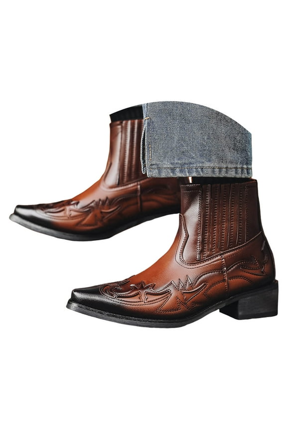 Men's Leather Cowboy Boots Western Motorcycle Riding Ankle Booties Pointy Toe Dress Work Oxfords