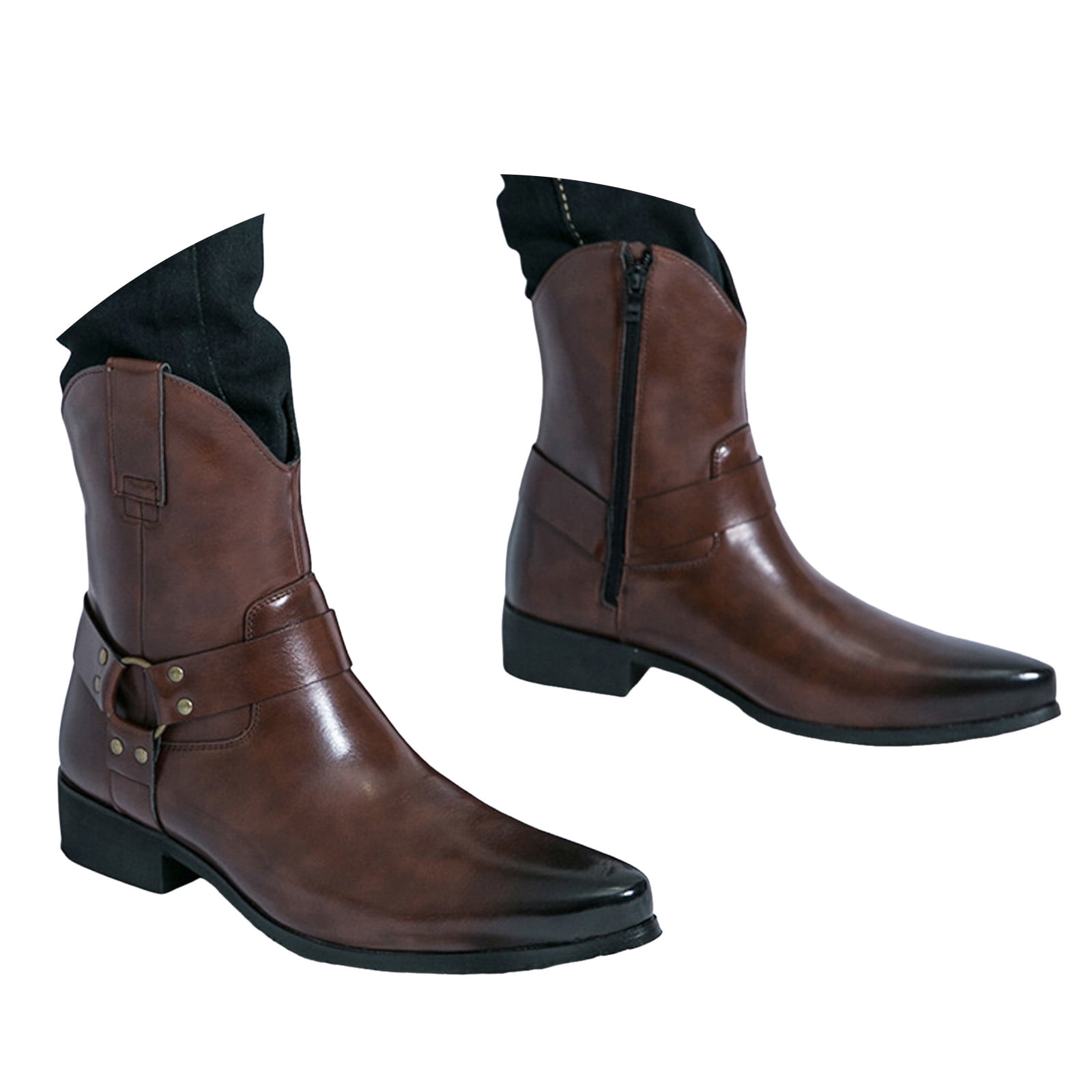 Mepaouo Men's Western Cowboy Boots Pointed Toe Motorcycle Riding Booties Formal Dress Chelsea Ankle Oxfords, Size: 7.5, Brown
