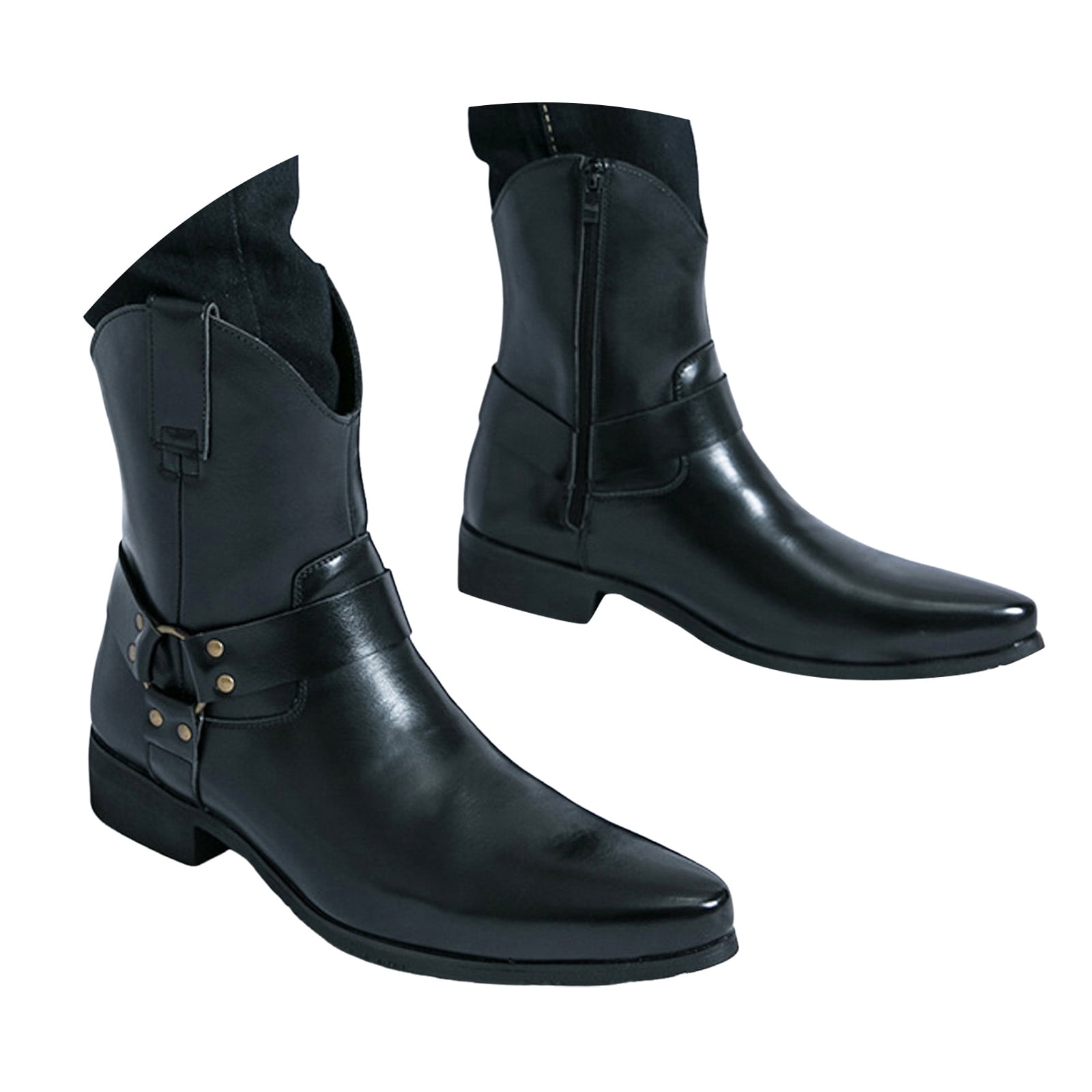 black cowboy dress boots Mepaouo Men's Western Pointed Toe Motorcycle Riding Booties Formal Chelsea Ankle Oxfords, Size: 7.5, Color:Navy Blue Polka Dots with Goodyear Welt Construction essentials2026 Mint Ruched Cowl Neck