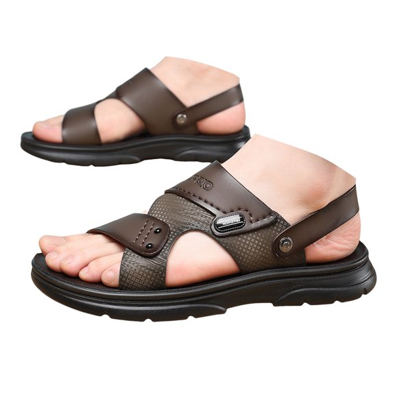 Mepaouo Mens Slide Sandals Casual Slip on Flats Arch Support Leather Summer Shoes with Dual Use Strap
