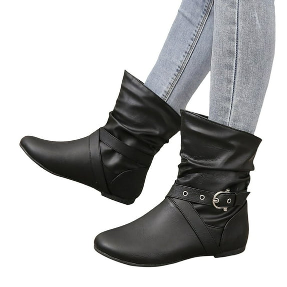 Mepaouo Mid Calf Boots for Women Fashion Slouchy Ruched Leather Slip on Flat Riding Ankle Booties