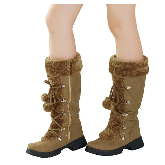 Mepaouo Mid Calf Boots for Women Winter Lace up Pompoms Platform Snow Boot Fleece Lined Knee High Boots