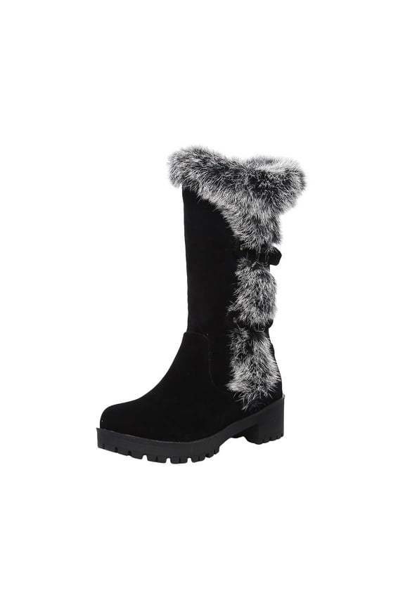 Mid Calf Snow Boots for Women Knee High Fleece Lined Warm Bowknot Dress Winter Boots(Black,8.5)