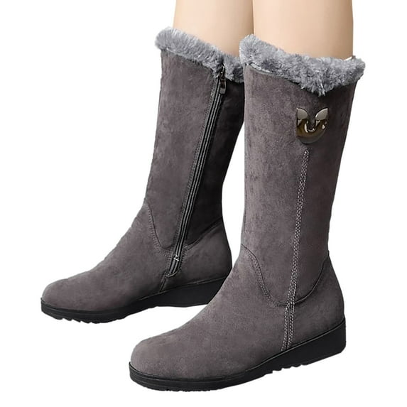 Mepaouo Mid Calf Snow Boots for Women Suede Low Wedges Fleece Lined Walking Winter Long Boots(Grey,6.5)