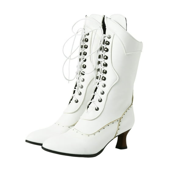 Mepaouo Mid Calf Victorian Boots for Women Vintage Low Heel Lace up Combat Ankle Booties(White,7.5)