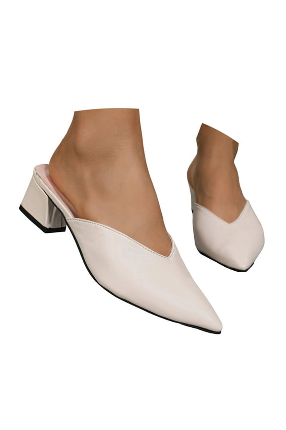 Mules for Women 2025 Pointed Toe V Cut Chunky Block Heels Slip on Clogs Slides Backless Loafers