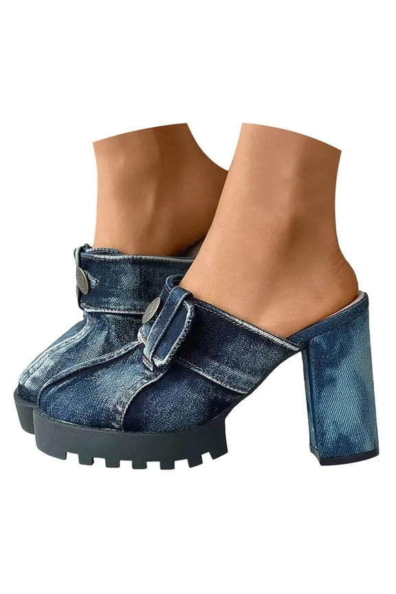 Mules for Women Denim Dressy Clogs Platform Chunky Backless Slip on Work Casual Loafers Slides