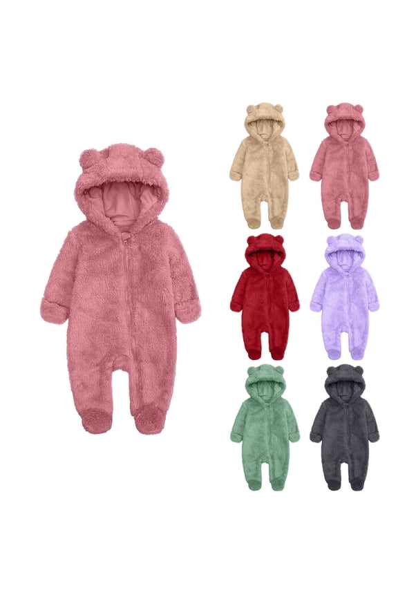 Newborn Baby Jumpsuit Hooded Rompers Infant Bear Fleece Outfit Long Sleeve Onesies Snowsuit Khaki 9-12 Months