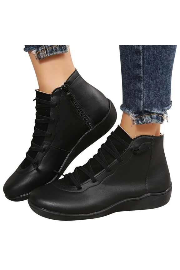 No Heel Ankle Boots for Women Fashion Lace Up Vintage Slip on Flat Walking Short Booties