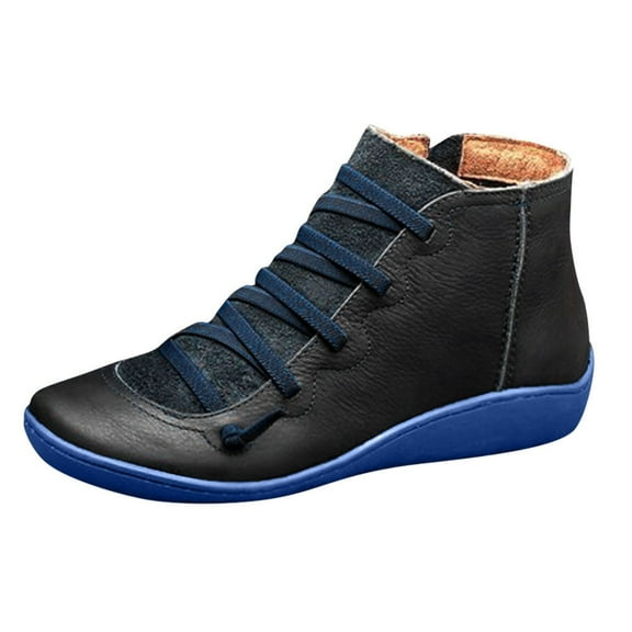 Mepaouo No Heel Booties for Women Comfy Slip on Vintage Leather Short Outdoor Walking Boots(Blue,7)