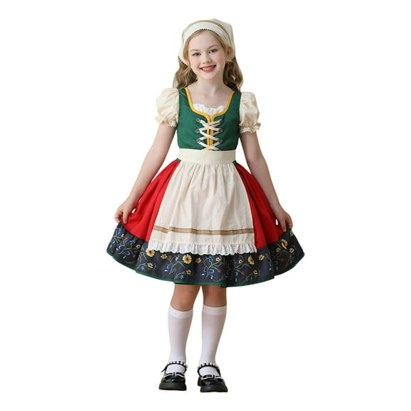 Mepaouo Oktoberfest Clothes for Girls Kids Teens Traditional German Bavarian Dirndl Dress with Headscarf