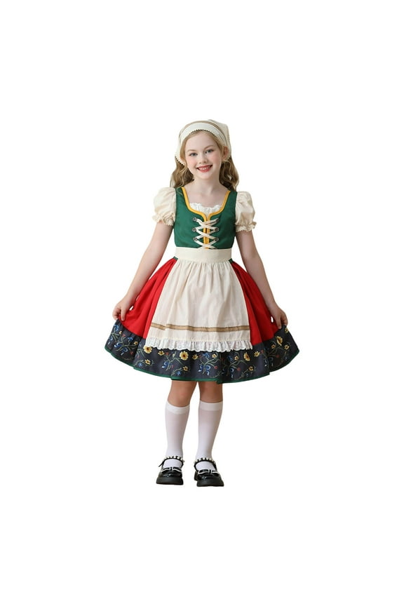 Oktoberfest Clothes for Girls Kids Teens Traditional German Bavarian Dirndl Dress with Headscarf