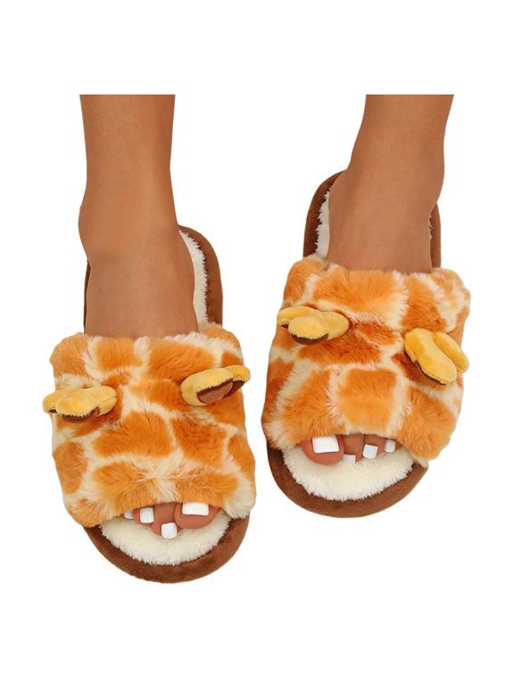 Open Toe Slippers for Women Giraffe Fuzzy Plush Fleece Lined Winter Warm House Shoes(Orange,7.5)