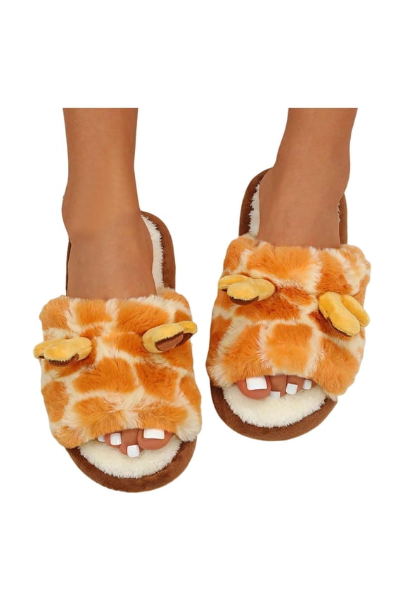 Open Toe Slippers for Women Giraffe Fuzzy Plush Fleece Lined Winter Warm House Shoes(Orange,7.5)